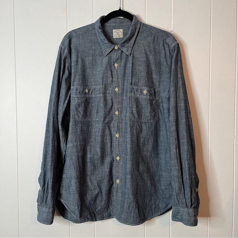 J. Crew Men's Chambray Button Down Shirt Long Sleeve Dark Blue Size L